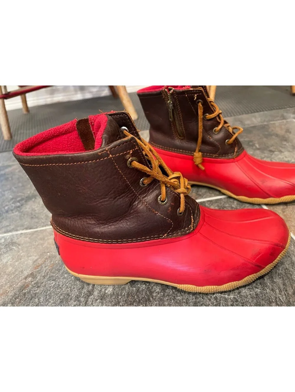 Sperry Saltwater Red Brown Duck Rain Boots Size 9.5